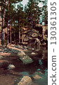 A river courses among numerous rocks in a dense forest setting. 130361305