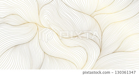 Vector gold line wave background, flow elegant luxury organic pattern. Soft flow dynamic sea graphic, shiny abstract ornament, silk premium wallpaper. 130361347