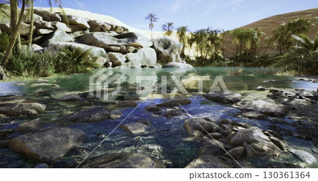 A serene oasis features sparkling clear water reflecting the blue sky, with rocks lining the edges and tall palm trees dotting the lush green landscape, all set against desert sands. 130361364