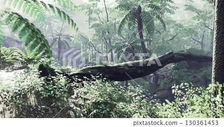 A vibrant rainforest landscape filled with rich green foliage, towering trees, and a fallen log covered in moss. Sunlight gently filters through the dense canopy, creating an enchanting atmosphere. 130361453