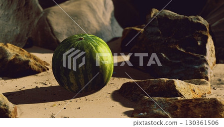 A watermelon sits on a sandy ground, illuminated by soft lighting. It is surrounded by various rocks, showcasing a contrast between nature and the fruits bright color. A watermelon sits on a sandy ground, illuminated by soft lighting. It is surrounded by various rocks, showcasing a contrast between nature and the fruits bright color. 130361506