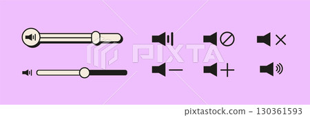 Retro vaporwave UI set with volume sliders and speaker icons for media interface. Mute, sound on, volume up and down symbols in 90s digital style. Flat Style Vector Illustration. 130361593