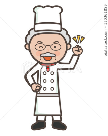 一位充滿幹勁、揮拳打氣的資深男廚師的全身插圖 130361859