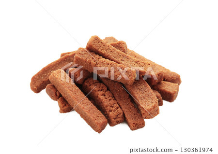 Rye rusks with garlic. Garlik bread snack for beer isolated on white background. 130361974