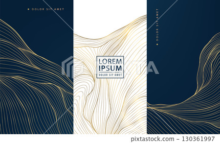 Vector set of golden wave wine package. Luxury jewelry, cosmetic, beauty product label design. Fancy sea, ocean japanese cards, vintage banners. Vector set of golden wave wine package. Luxury jewelry, cosmetic, beauty product label design. Fancy sea, ocean japanese cards, vintage banners. 130361997