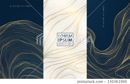 Vector set of golden wave wine package. Luxury jewelry, cosmetic, beauty product label design. Fancy sea, ocean japanese cards, vintage banners. 130361998