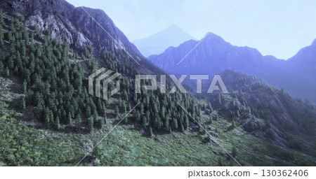 Majestic mountain ranges stretch towards the horizon, draped in vibrant greenery. The serene atmosphere showcases towering trees and rocky peaks, inviting exploration and adventure. 130362406