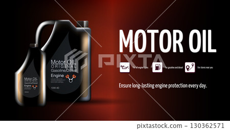 Two containers of motor oil are displayed against a dark background, highlighting their effectiveness for gasoline and diesel engines. Ideal for ensuring engine longevity and performance. 130362571