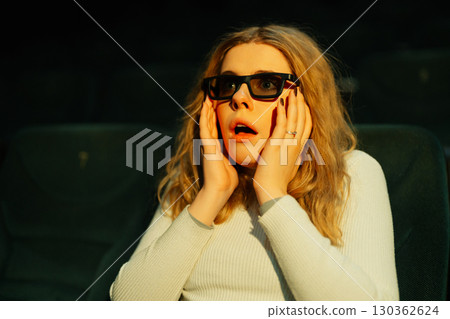 Audience member reacts with surprise while watching a thrilling movie 130362624
