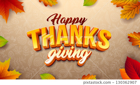 Happy Thanksgiving Banner Illustration with Falling Leaves and 3d Typography Lettering on Beige Hand Drawn Doodles Background. Autumn Vintage Vector Design for Seasonal Greeting Card, Party Flyer 130362907