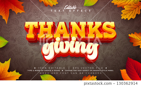 Thanksgiving Editable Text Effect Design with Autumnal Falling Leaves and Typography Lettering Graphic Style with Shadow on Hand Drawn Doodle Background. Vector Traditional Seasonal Holiday Thanksgiving Editable Text Effect Design with Autumnal Falling Leaves and Typography Lettering Graphic Style with Shadow on Hand Drawn Doodle Background. Vector Traditional Seasonal Holiday 130362914