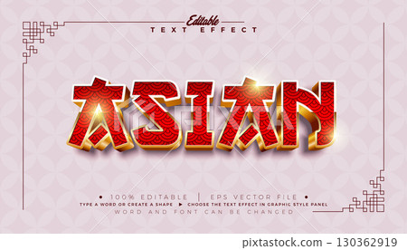Asian 3D Text Effect Design Editable Vector Graphic Style with Shadow and Red Golden Typography Lettering on Abstract Traditional Pattern Background. Premium Scalable Illustration Mockup Template for Asian 3D Text Effect Design Editable Vector Graphic Style with Shadow and Red Golden Typography Lettering on Abstract Traditional Pattern Background. Premium Scalable Illustration Mockup Template for 130362919