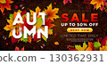 Autumn Sale Design with Falling Leaves and Lettering on Light Background. Autumnal Vector Illustration with Special Offer Typography Elements for Coupon, Voucher, Banner, Flyer, Promotional Poster or 130362931