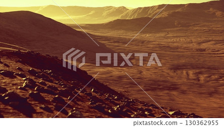 Rolling hills and rugged terrain dominate a Martian vista, with reddish rocks scattered across the foreground. 130362955