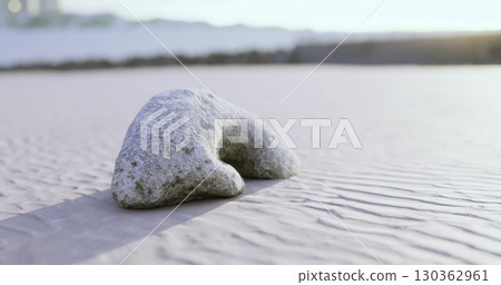 A distinctive coral formation lies on a tranquil sandy beach, illuminated by the warm afternoon sun. Gentle waves lap at the shore nearby, creating a serene atmosphere. 130362961