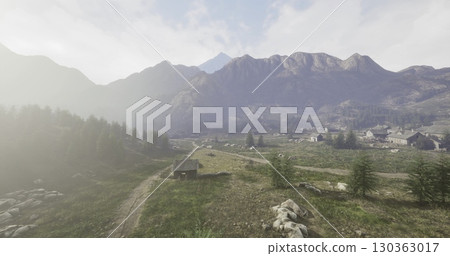 Soft morning light bathes the serene valley as towering mountains create a breathtaking backdrop. A cozy cabin rests peacefully amid lush greenery and rugged stones. Soft morning light bathes the serene valley as towering mountains create a breathtaking backdrop. A cozy cabin rests peacefully amid lush greenery and rugged stones. 130363017