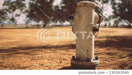 A solitary fire hydrant rises from cracked earth, surrounded by a sprawling dry landscape. Tall trees cast dappled shadows in the bright sunlight, emphasizing the arid setting. A solitary fire hydrant rises from cracked earth, surrounded by a sprawling dry landscape. Tall trees cast dappled shadows in the bright sunlight, emphasizing the arid setting. 130363040