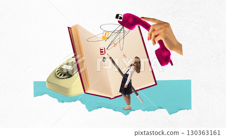 Trendy collage. Girl pointing to book with giant pink telephone and letters flying out 130363161