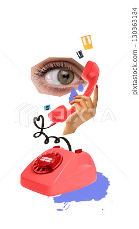 Colorful poster. Red rotary phone with giant human eye and hand holding receiver. Colorful poster. Red rotary phone with giant human eye and hand holding receiver. 130363184