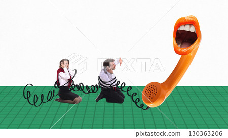 Digital artwork of business people tangled in black telephone cord with giant orange handset shouting with human mouth Digital artwork of business people tangled in black telephone cord with giant orange handset shouting with human mouth 130363206