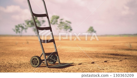 A sturdy cart stands alone on parched earth, casting a long shadow under a clear sky. Sparse trees dot the landscape, enhancing the arid atmosphere of the scene. A sturdy cart stands alone on parched earth, casting a long shadow under a clear sky. Sparse trees dot the landscape, enhancing the arid atmosphere of the scene. 130363209