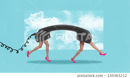 Surreal collage of black telephone receiver with human legs in pink high heels walking across sky backdrop Surreal collage of black telephone receiver with human legs in pink high heels walking across sky backdrop 130363212