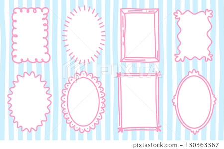 Coquette girly frames set. Hand-Drawn pink Borders for Wedding Invitation, Whimsical frames for birthday card, Squiggly and Wavy Borders. Minimalist line art on blue stripy background. 130363367