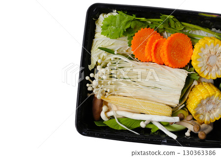 A fresh mix of vegetables prepared for suki or hot pot cooking. A fresh mix of vegetables prepared for suki or hot pot cooking. 130363386