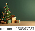an AI Image Generator, Festive Christmas Tree and Gift Boxes on a Wooden Table 130363783