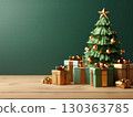 an AI Image Generator, Festive Christmas Tree and Gift Boxes on a Wooden Table 130363785