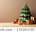 an AI Image Generator, Festive Christmas Tree and Gift Boxes on a Wooden Table 130363787
