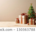 an AI Image Generator, Festive Christmas Tree and Gift Boxes on a Wooden Table 130363788