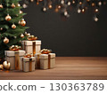 an AI Image Generator, Festive Christmas Tree and Gift Boxes on a Wooden Table 130363789