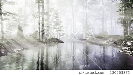 Soft rays of sunlight break through a foggy forest, illuminating a calm river. Reflections shimmer on the waters surface, surrounded by lush green trees, creating a serene atmosphere. Soft rays of sunlight break through a foggy forest, illuminating a calm river. Reflections shimmer on the waters surface, surrounded by lush green trees, creating a serene atmosphere. 130363875