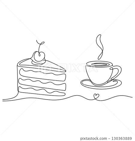Single Continuous Line Drawing of a Piece of Cake and a Steaming Cup of Coffee 130363889