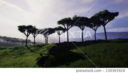 Amidst rolling hills, a row of majestic trees stands proudly, their silhouettes darkened against the soft light of dusk. The grass glows lush, inviting tranquility and reflection. Amidst rolling hills, a row of majestic trees stands proudly, their silhouettes darkened against the soft light of dusk. The grass glows lush, inviting tranquility and reflection. 130363928