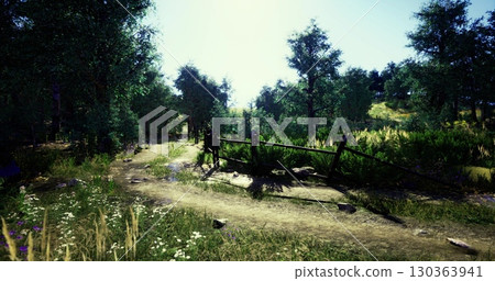 A tranquil pathway winds through a vibrant forest, with sunlight streaming down and illuminating the various shades of green. The earth is dotted with wildflowers, creating a harmonious atmosphere. 130363941