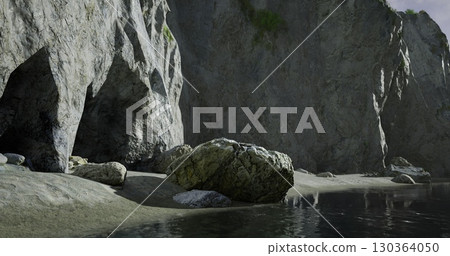 Waves gently lap against a rocky shoreline as the sun sets behind towering cliffs. The tranquil water reflects the hues of twilight, creating a peaceful atmosphere. 130364050
