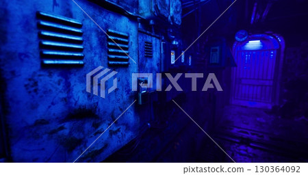 A dimly lit alleyway features metallic lockers against a textured wall. Blue light spills into the space, creating an eerie atmosphere typical of neglected urban areas at night. A dimly lit alleyway features metallic lockers against a textured wall. Blue light spills into the space, creating an eerie atmosphere typical of neglected urban areas at night. 130364092