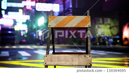 A weathered construction sign stands in the foreground, blocking a vibrant neon lit urban street. The colorful lights reflect off wet pavement creating a lively atmosphere at night. A weathered construction sign stands in the foreground, blocking a vibrant neon lit urban street. The colorful lights reflect off wet pavement creating a lively atmosphere at night. 130364095