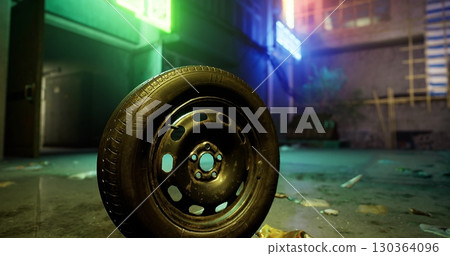 A worn out tire lies abandoned on a slick surface in a dimly lit alley. Neon signs reflect in the puddles, creating an atmospheric glow around the discarded object. 130364096