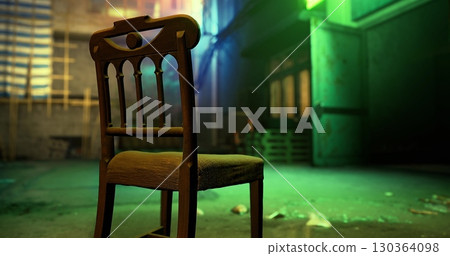 An empty wooden chair sits alone in a dimly lit alley, surrounded by green and blue lights. The atmosphere evokes intrigue and quiet solitude as shadows play around the space. 130364098