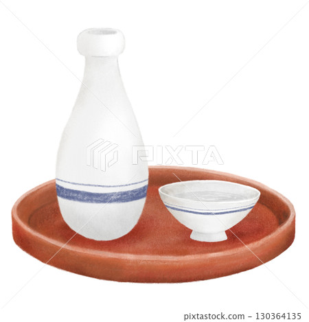 托盤上的酒瓶和酒杯的插圖 130364135