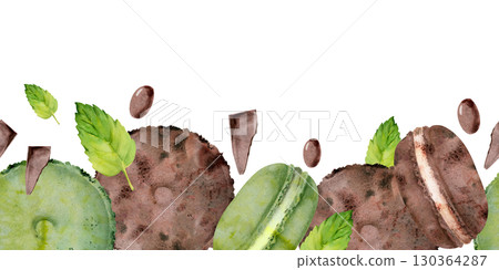 Chocolate coated dragee, bar bits with whoopie pies, macarons and mint leaves in seamless watercolor header. Isolated clipart for digital pattern, recipe card border, menu visuals, craft paper banner. 130364287
