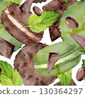 Chocolate cookie macarons, mousse filled sandwich cake, mint bonbon candy hand painted in watercolor. Isolated clipart for seamless patterns, recipe card borders, menu visuals, craft paper designs. 130364297