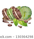 Crumbly macarons with mint herb leaves, chocolate chips and cocoa dragee on ceramic tray. Watercolor dessert isolated illustration. Cookbook illustration, craft paper design, holiday sweets campaigns. 130364298