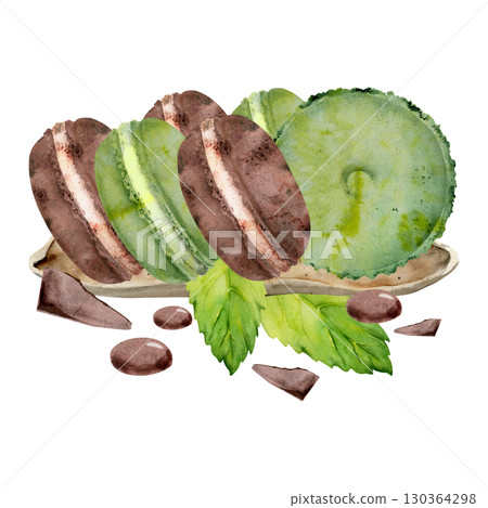 Crumbly macarons with mint herb leaves, chocolate chips and cocoa dragee on ceramic tray. Watercolor dessert isolated illustration. Cookbook illustration, craft paper design, holiday sweets campaigns. Crumbly macarons with mint herb leaves, chocolate chips and cocoa dragee on ceramic tray. Watercolor dessert isolated illustration. Cookbook illustration, craft paper design, holiday sweets campaigns. 130364298