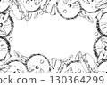 Row of moon pies, macaron cookies with mint garnish, chocolate chips, candy dragees. Vector ink hand drawn isolated illustration. Sweet product border frames, dessert corner accents, bakery tag art. 130364299