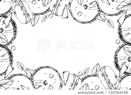 Row of moon pies, macaron cookies with mint garnish, chocolate chips, candy dragees. Vector ink hand drawn isolated illustration. Sweet product border frames, dessert corner accents, bakery tag art. Row of moon pies, macaron cookies with mint garnish, chocolate chips, candy dragees. Vector ink hand drawn isolated illustration. Sweet product border frames, dessert corner accents, bakery tag art. 130364299