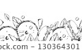 Cocoa dragees, chocolate bar pieces and macarons, whoopie pies, sprigs of mint in seamless hand drawn vector ink header. Isolated for endless dessert banners, kitchen fabric trims, culinary branding 130364301